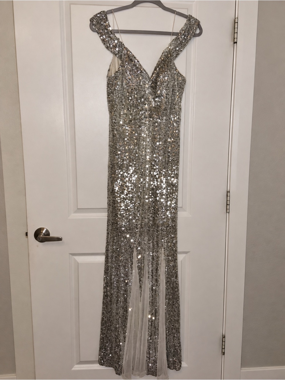 Crystal Doll Silver Sequin V-Neck Gown